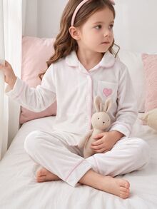 SHEIN 女童甜美天鵝絨睡衣套裝，秋冬款翻領開襟衫，長袖長褲，2件套，附口袋，愛心刺繡，對比滾邊，柔軟親膚，居家休閒服 - 白色 - 查看 5