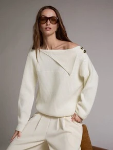 MOTF PREMIUM WOMEN'S LOOSE FIT V-NECK BUTTON CONTRAST DECOR SWEATER, AUTUMN/WINTER - Apricot - View 2