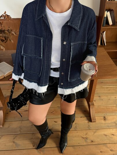 Dazy Plus Colorblock Patchwork Frayed Edge Design Large Pocket Blogger Casual Loose Fit Denim Jacket Spring Autumn New