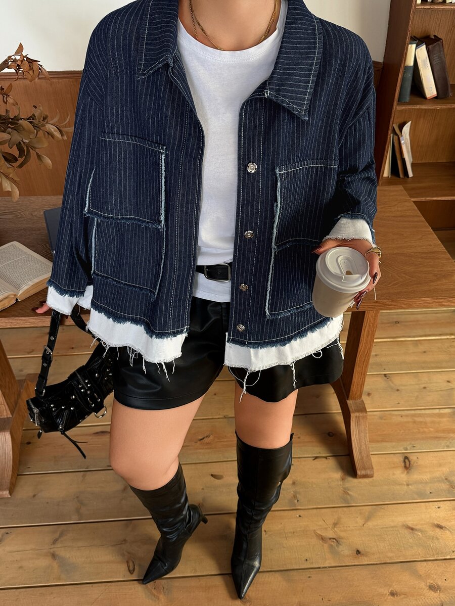 Dazy Plus Colorblock Patchwork Frayed Edge Design Large Pocket Blogger Casual Loose Fit Denim Jacket Spring Autumn New - Dark Wash - View 1