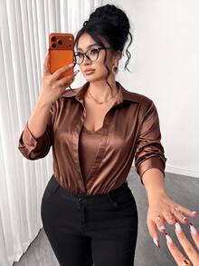 Elenzga Plus Size Collared 2 In 1 Shirt Style Long Sleeve V-Neck Bodysuit, Vintage Brown Draped Fabric, Commuter - Brown - View 11
