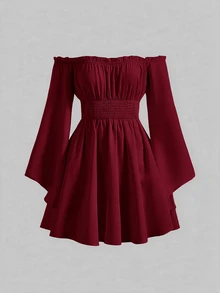 SHEIN Girlism 青少年女孩純色露肩收腰梭織洋裝 - 酒紅色 - 查看 8