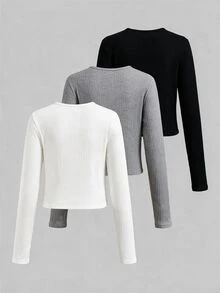 SHEIN Girlism Teen Girl Knit Solid Color Round Neck Ruched Long Sleeve T-Shirt 3pcs/Set - Multicolor - View 2
