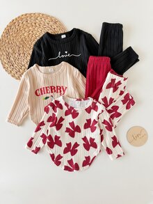 SHEIN 2件組 幼兒女嬰上衣與內搭褲套裝 紅色米色 櫻桃愛心字母印花 蝴蝶結 羅紋針織 長袖套頭衫 秋冬款 - 紅色 - 查看 7