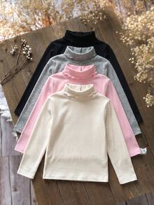 SHEIN 女童 4件組 高領針織休閒 T-恤 冬季上衣 高領 T-shirt 女孩秋季服飾 適合日常穿著 - 彩色 - 查看 3