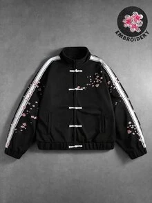 ROMWE MEN Street Life 男士花卉刺繡圖案青蛙鈕扣設計休閒衛衣 - 黑色 - 查看 1