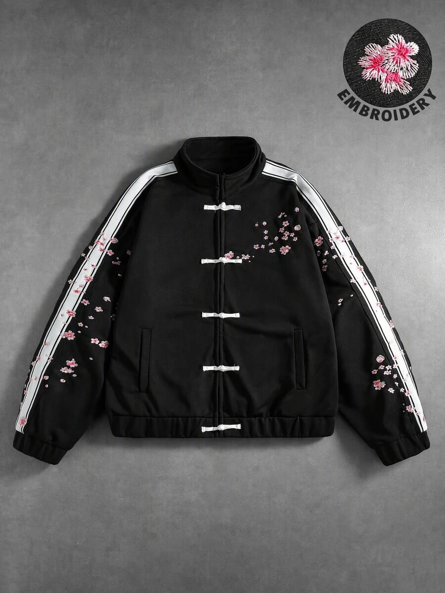 ROMWE MEN Street Life 男士花卉刺繡圖案青蛙鈕扣設計休閒衛衣 - 黑色 - 查看 1