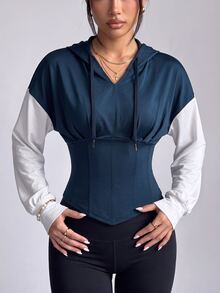 Sirith Women's Colorblock Drawstring Waist Hooded Sports Sweatshirt, Long Sleeve Cropped Sweatshirt With Asymmetrical Hem, Fitness Pullover Top - Multicolor - View 3