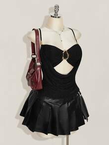 SHEIN ICON Plus Size Y2K Vintage Cowl Neck Metal Decor Bustier 2 In 1 Tank Top, Shiny Party Sexy 2 In 1 Tank Top - Black - View 5