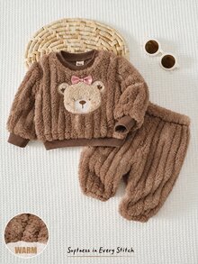 Cozy Pixies 新生女嬰卡通圖案抓絨內裡蝴蝶結厚絨圓領長袖套頭衛衣彈力腰長款冬季長褲2件套 - 棕色 - 查看 4