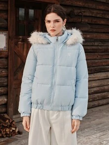 Anewsta Women's Solid Color Embroidered Winter Hooded Fur Collar Padded Coat - Blue - View 3