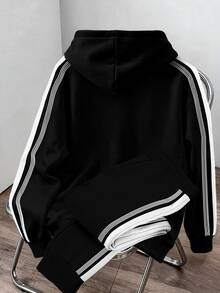 HypeHours 男士美式復古加州字母印花夏季對比色織帶插肩袖寬鬆休閒運動長袖雙層連帽衛衣套裝 - 彩色 - 查看 2