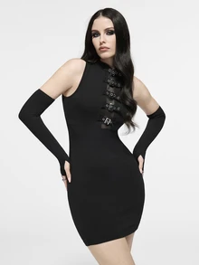 Cryptelle Mock Neck Sleeveless Eyelet Buckle Strap Mesh Panel Bodycon With Thumbhole Arm Sleeves Mini Dress Halloween Outfit, Clubbing Night Party - Black - View 6