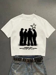 Lonveris American Vintage Crowd Silhouette Fashion Print Pattern Men's Apricot Standard Size Cropped Loose Fit Short Sleeve T-Shirt - Apricot - View 1