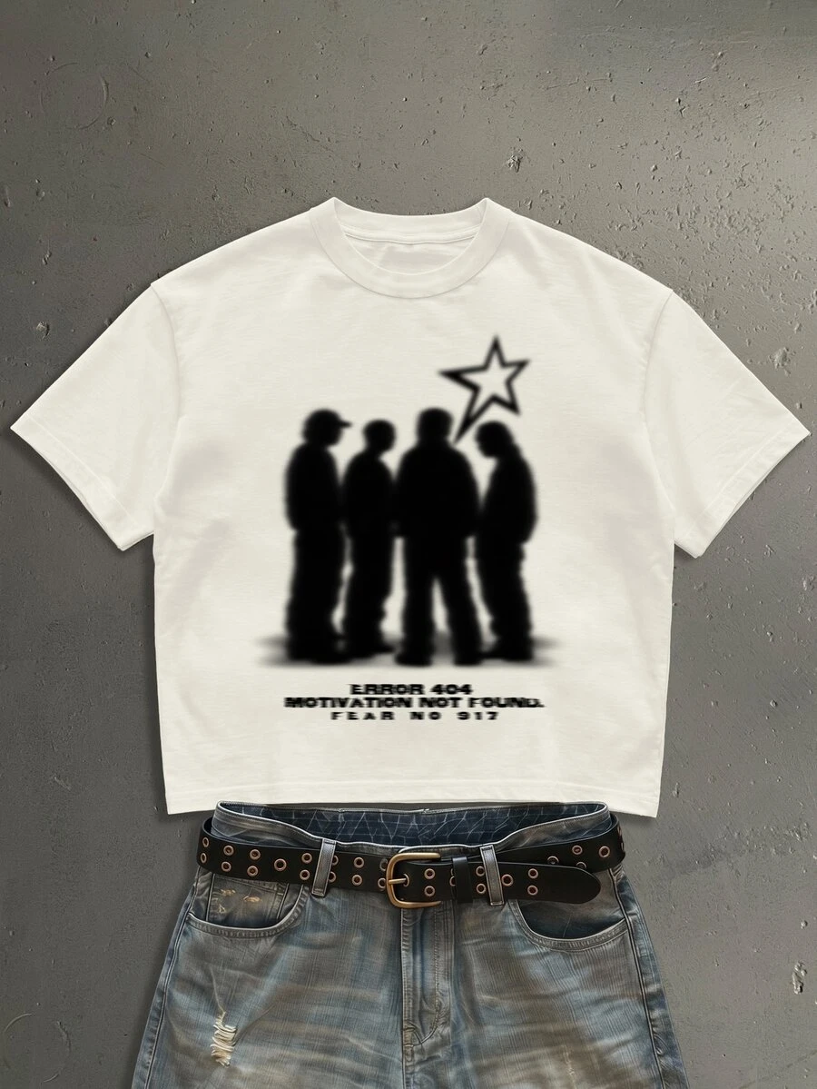Lonveris American Vintage Crowd Silhouette Fashion Print Pattern Men's Apricot Standard Size Cropped Loose Fit Short Sleeve T-Shirt - Apricot - View 1
