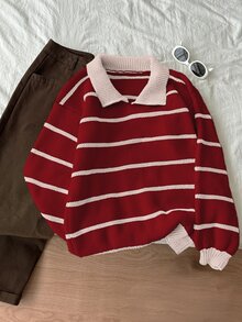 SHEIN Unity 女款領口長袖紅白條紋休閒針織套頭毛衣，秋季日常穿著校園風 - 彩色 - 查看 1