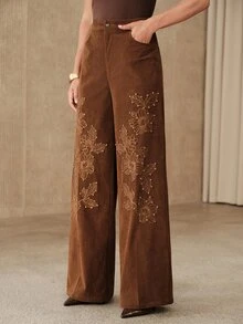 Anewsta Autumn/Winter Caramel Brown Corduroy Embroidered High Waist Rhinestone Floral Wide Leg Women's Long Pants - Brown - View 6