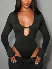 NYA SZN Women's Solid Color Casual Daily Long Sleeve Bodysuit - Black - View 4
