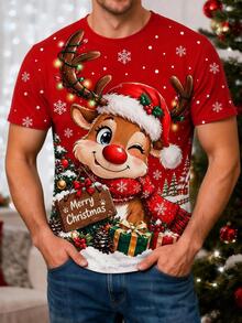 Sorvial Men's Christmas Reindeer Print Short Sleeve Casual T-Shirt - Red - View 1