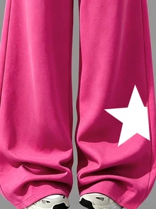 SHEIN 清新極簡五角星圖案印花 2合1 露肩細肩帶短袖T恤與寬腿褲套裝，休閒、可愛、舒適秋季 - 彩色 - 查看 5