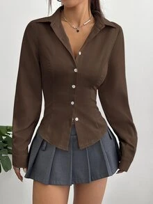 Sweetra 女款休閒百搭通勤純色收腰襯衫 - 棕色 - 查看 7