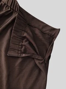 Linhara CURVE Women's New Chinese Style Traditional Frog Button Faux Linen 2 Pieces Set, Asymmetric Collar Frog Button V-Neck Top + Banana Wide Leg Pants, Casual Relaxed, Slimming And Flattering For All Body Types - Coffee Brown - View 7