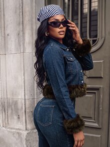 BriallanyX BriallanyX Women's Patchwork Faux Fur Cuff Single-Breasted Casual Denim Jacket - Black - View 2
