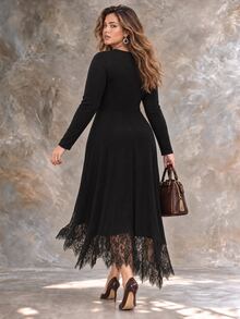 Ceyna Plus Size Women V-Neck Fitted Long Sleeve Asymmetrical Hem Dress, Lace Trim Patchwork, Simple Clean, Elegant Mature - Black - View 2