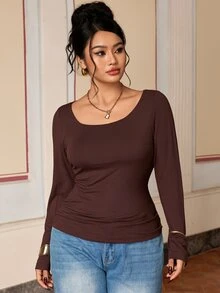 SHEIN BASICS Plus Size Women's Solid Color Crew Neck Long Sleeve Casual T-Shirt - Chocolate Brown - View 1