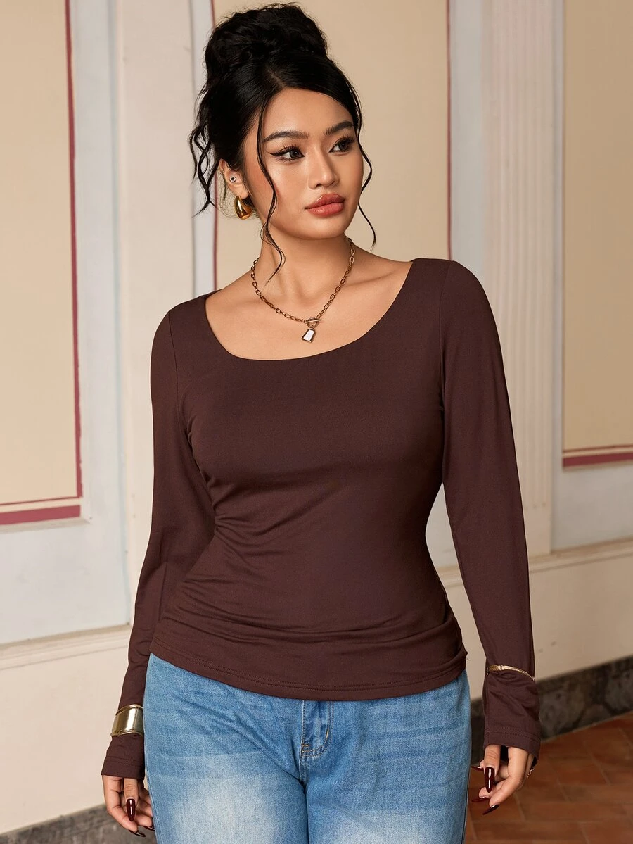 SHEIN BASICS Plus Size Women's Solid Color Crew Neck Long Sleeve Casual T-Shirt - Chocolate Brown - View 1