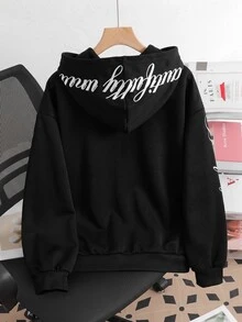 SHEIN 青少年女孩字母印花拉鍊連帽運動衫附口袋 - 黑色 - 查看 2