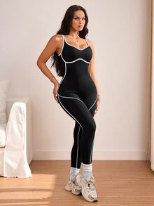Slayform Women's Striped Colorblock Sports Jumpsuit Yoga - Black - View 4
