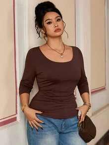 SHEIN BASICS Plus Size Women's Solid Color Crew Neck Long Sleeve Casual T-Shirt - Chocolate Brown - View 6
