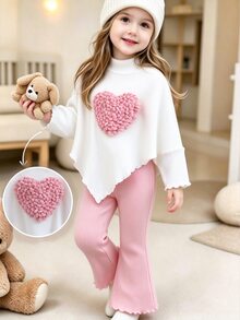 SHEIN 2件組女童幼兒甜美清新風，3D紋理愛心裝飾，羅紋高領喇叭袖長袖上衣，搭配同材質粉色喇叭長褲，波浪荷葉邊下擺，適中厚度，適合日常外出與節日拍照，活潑可愛，適用春秋季節 - 粉色 - 查看 1