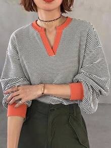 FRIFUL 女款街頭風條紋拼色長袖V領鏤空T恤 - 橘色 - 查看 3