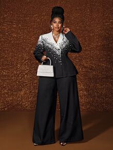 Maweii Luxury Black And White Contrast Print Waist-Cinching Blazer And Wide Leg Pants 2 Pieces Set For Party - Black and White - View 4