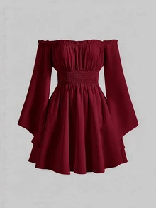 SHEIN Girlism 青少年女孩純色露肩收腰梭織洋裝 - 酒紅色 - 查看 1