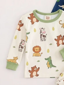 Cozy Pixies 男嬰休閒簡約修身圓領舒適長袖長褲家居服多件套，適合春夏，貼身剪裁，經典卡通動物可愛獅子圖案印花 - 彩色 - 查看 5