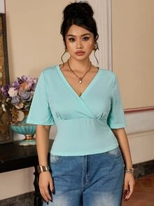 SHEIN BASICS تي شيرت مقاس كبير بلون موحد مطوي للارتداء اليومي - أخضر نعناع - مشاهدة 7