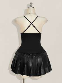 SHEIN ICON Plus Size Y2K Vintage Cowl Neck Metal Decor Bustier 2 In 1 Tank Top, Shiny Party Sexy 2 In 1 Tank Top - Black - View 2