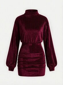 SHEIN فستان أحمر بياقة عالية مضلع للفتيات المراهقات، فستان قصير أنيق للمساء بأكمام طويلة في فصل الخريف، فستان بطيات و طبقات عتيقة لحفلات عيد الميلاد - الأحمر - مشاهدة 4
