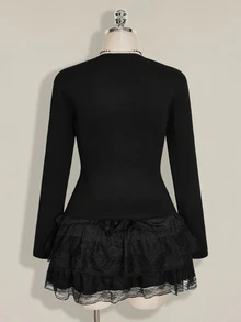 SHEIN ICON Women's Plus Size Lace Trim Patchwork Square Neck Black T-Shirt - Black - View 2