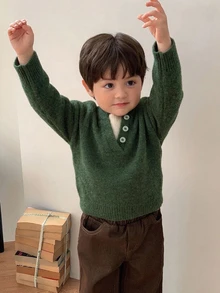 Hapijoa 男嬰對比色 2 合 1 長袖針織衫，秋冬幼兒款 - 軍綠色 - 查看 5