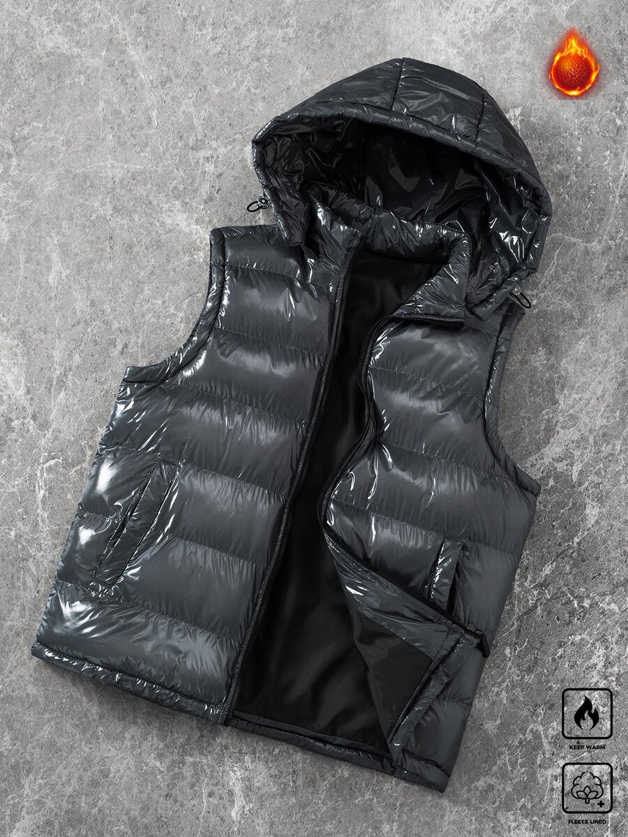 Manfinity Roghcode 男士冬季絎縫拉鍊連帽無袖填充保暖背心 Puffer Gilet 送給男友的絕佳禮物 - 深灰色 - 查看 1
