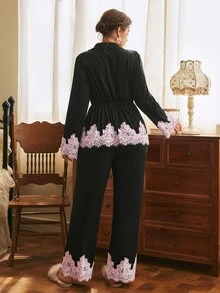Côtesoire Plus Size Pajama Set, Southern French Elegant Autumn/Winter Sleepwear, French Romantic Pajama Set - Black - View 2
