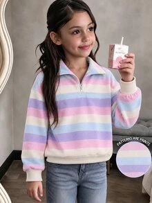 青少年女孩條紋拼接配色長袖百搭運動衫 - 彩色 - 查看 4