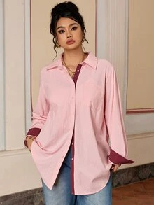 SHEIN BASICS قميص نسائي مقاس كبير بألوان متباينة وأكمام طويلة وجيب واحد وأزرار أمامية - وردي - مشاهدة 7