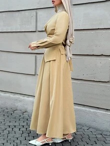 Solavon New French Design Wrap Tie Slimming Top & A-Line Flare Skirt 2 Pieces Set, Versatile Elegant Outfit For Daily Commute - Pale Yellow - View 2