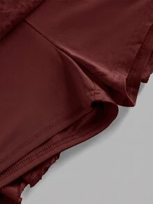 SHEIN Girlism 青少年女孩紅色夏季仙女派對休閒針織蕾絲抓皺A字溜冰裙，雙層荷葉邊迷你裙內含內褲 - 酒紅色 - 查看 6