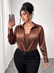 Elenzga Plus Size Collared 2 In 1 Shirt Style Long Sleeve V-Neck Bodysuit, Vintage Brown Draped Fabric, Commuter - Brown - View 9